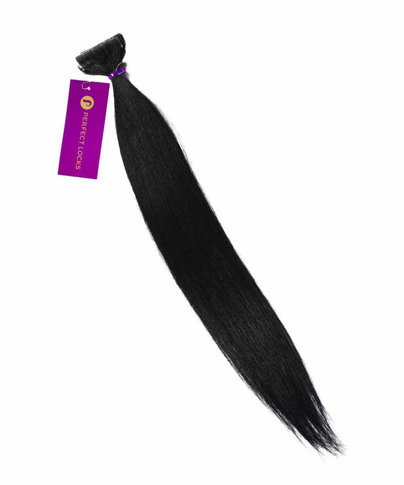 A bundle of Straight Invisi Tape In Hair Extensions by Perfect Locks in Champagne Highlights (18A/60), with a purple Perfect Locks tag on a white background.