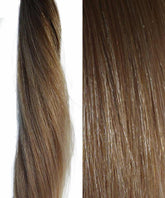 Close-up views of hair: the left shows a long, smooth strand; the right highlights fine texture. Both shine with healthy luster.#color_rooted-ash-bronde-(6/#color_rooted-ash-bronde-(6/ICED)