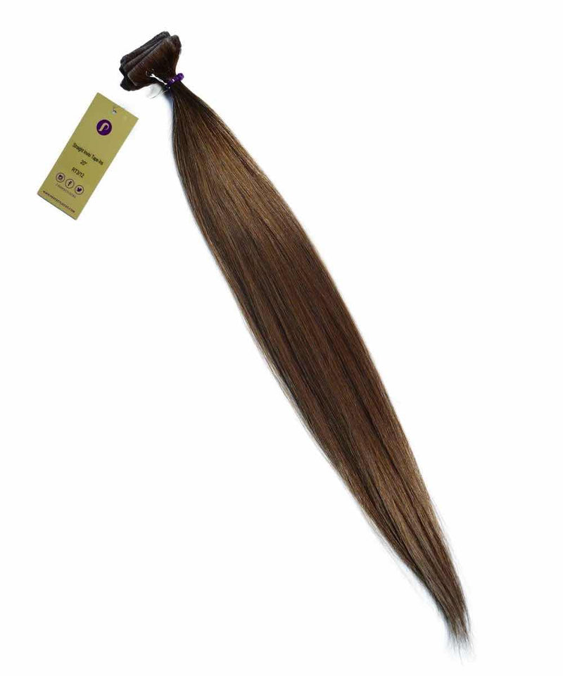 A bundle of Straight Invisi Tape In Hair Extensions by Perfect Locks in rooted caramel blonde, tied with a label on white background.