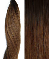 Side-by-side view of Perfect Locks Straight Invisi Tape In Hair Extensions in rooted caramel blonde: left shows a smooth, twisted lock, right displays straight, loose strands.#color_rooted-caramel-blonde-(3/12)