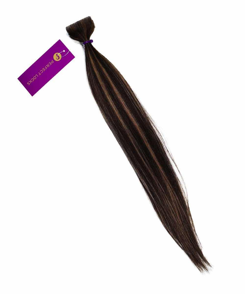 A bundle of Perfect Locks Straight Invisi Tape In Hair Extensions in silvery ash brown, tied with a purple band and tag.