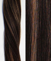 Side-by-side close-up of two silvery ash brown hair textures: left shows smooth waves; right, straight strands with highlights.#color_silvery-ash-brown-(4A/18A)