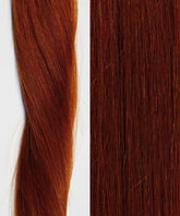 Close-up of silky Straight Invisi Tape In Hair Extensions by Perfect Locks in spiced crimson: left shows a twisted lock, right displays smooth, flat texture.#color_spiced-crimson-(570)