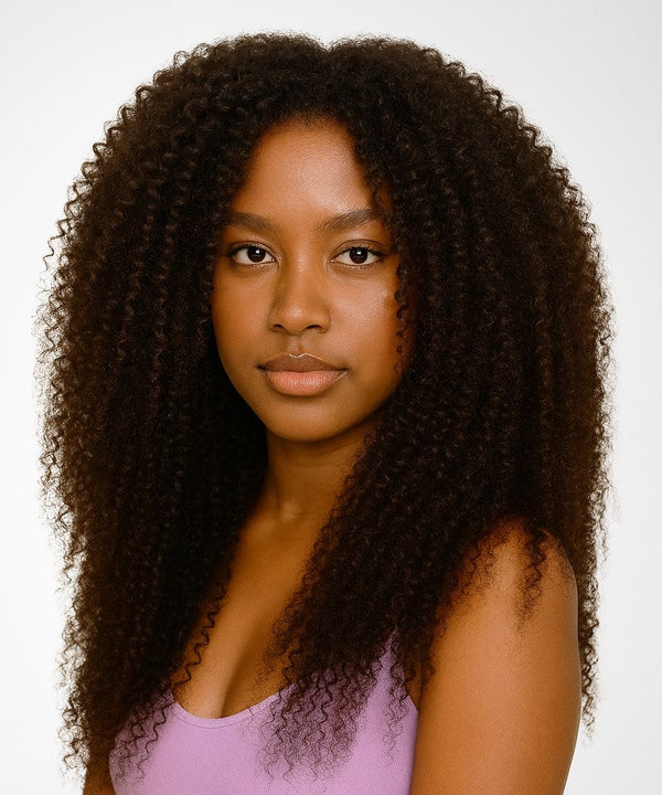 Woman with long, curly hair wearing a purple top against a white background