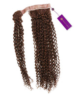 The Perfect Locks Kinky Curly Clip-In Ponytail Extensions in Chocolate Brown feature tightly coiled curls, pink band, purple tag.#color_chocolate-brown-(3)