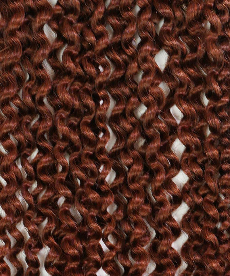 Close-up of tightly coiled, dark auburn curly hair strands in parallel rows, filling the frame—highlighting Kinky Curly Clip-In Ponytail Extensions.