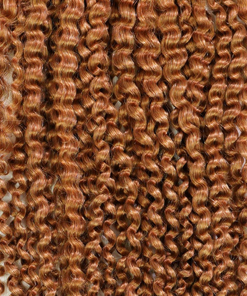 Close-up of Perfect Locks Kinky Curly Clip-In Ponytail Extensions in golden brown, with tightly coiled, uniform curls for volume.