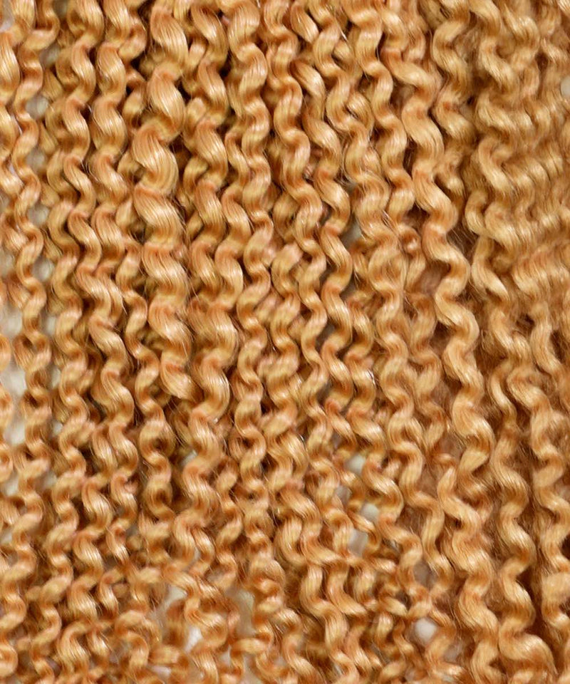 Close-up of Perfect Locks Kinky Curly Clip-In Ponytail Extensions in honey blonde with tightly coiled, shiny curls in neat rows.