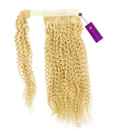 A bundle of Kinky Curly Clip-In Ponytail Extensions by Perfect Locks in platinum blonde, tightly coiled with a light band and purple tag.#color_platinum-blonde-(613)