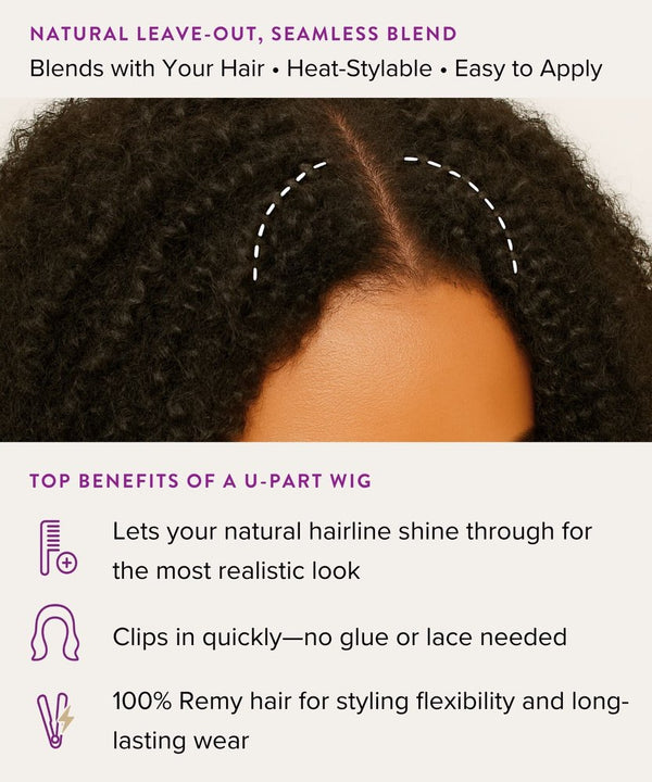 U-part wig with text highlighting benefits on a white background