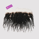A Perfect Locks kinky curly hair lace frontal with tightly coiled black strands blends into a lace base, on a light gray background.