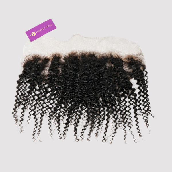 A Perfect Locks kinky curly hair lace frontal with tightly coiled black strands blends into a lace base, on a light gray background.