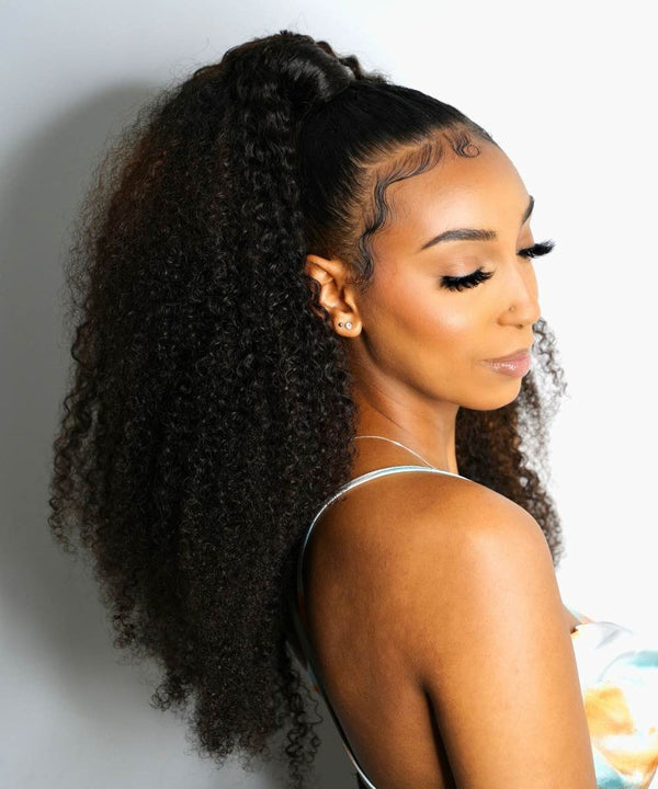 Model wearing Kinky Curly Ponytail Extensions