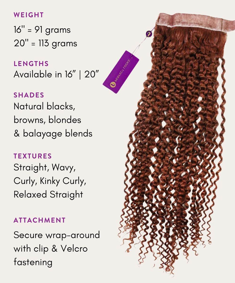 A bundle of Perfect Locks Kinky Curly Clip-In Ponytail Extensions in reddish-brown with wrap-around attachment, next to text listing available weights, lengths, shades, textures, and clip-in method.