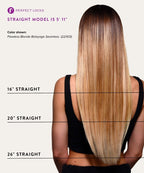 Model with long straight hair showing different length options, brand 'Perfect Locks' visible.