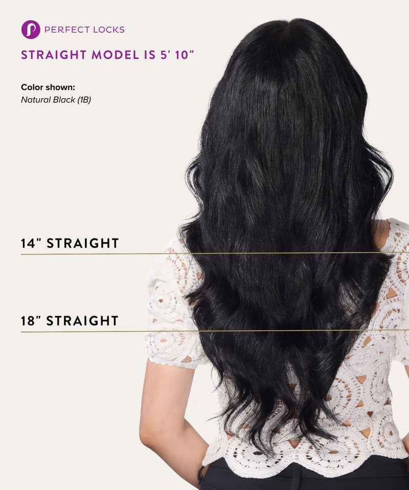 A woman with long, straight natural black hair, shown from the back in a white lace top, displays gold lines marking 14-inch and 18-inch lengths for the Straight Full Lace Wig by Perfect Locks.