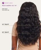 Wavy hair extension length displayed on a model with product details.