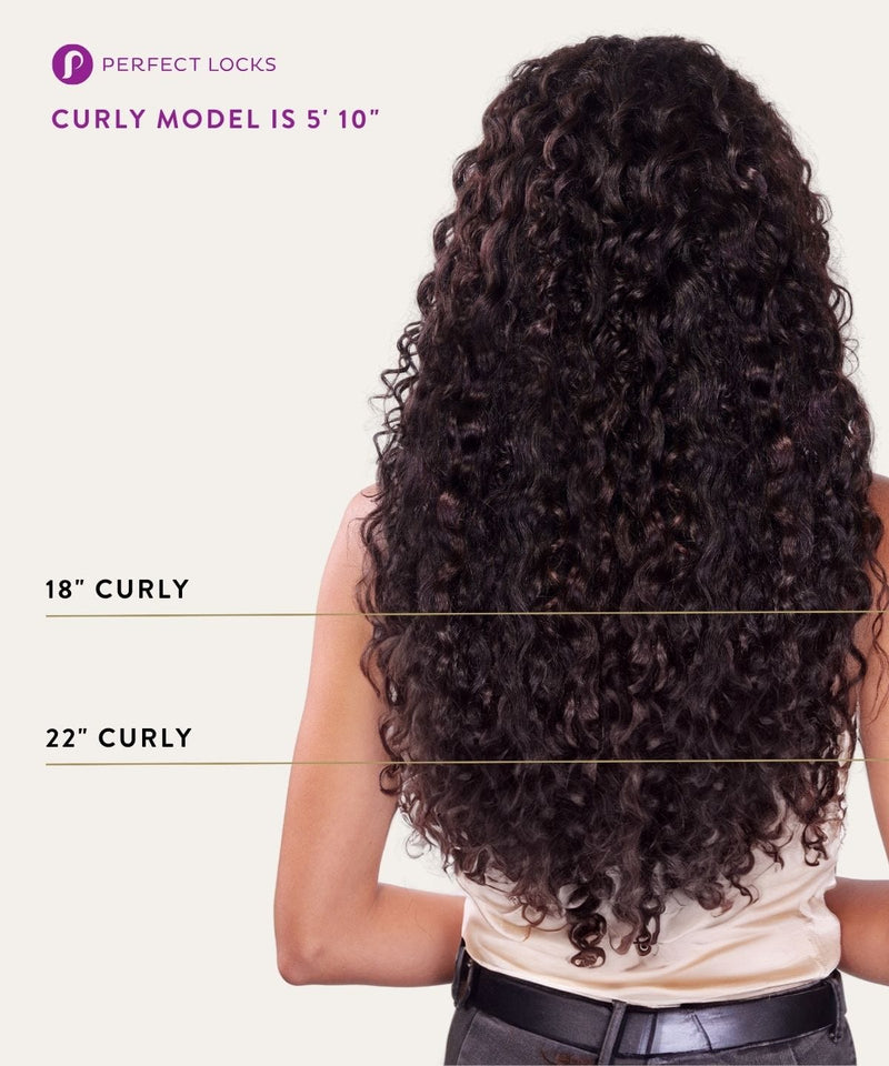 Woman with long, dark, curly hair from the back shows 18-inch curls at mid-back and 22-inch curls at lower back on 5’10” height.
