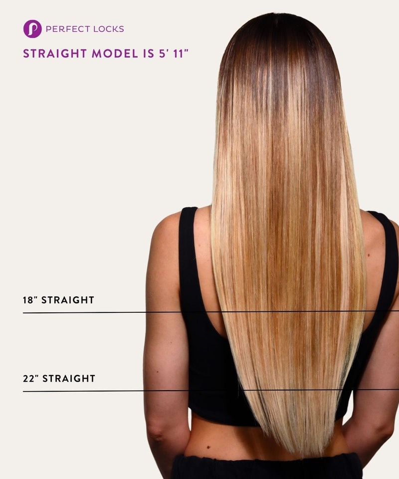 A woman with long, straight ombre blonde hair is shown from the back modeling 18” and 22” extensions; she is 5’11”.