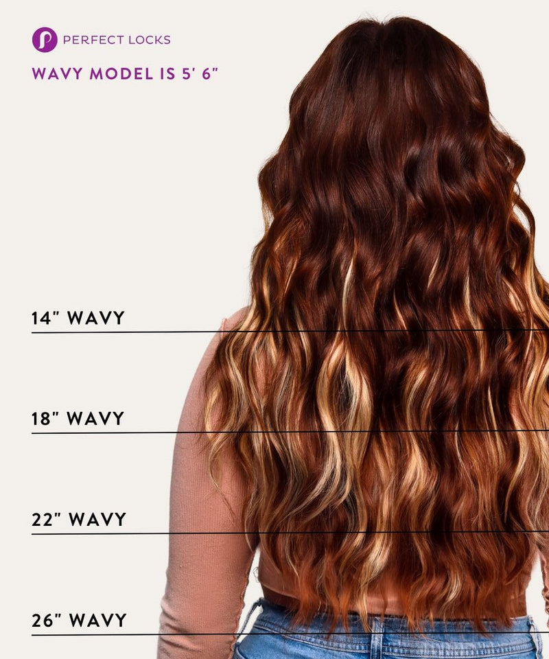 A woman with long, wavy brown hair and highlights faces away. Lines indicate 14", 18", 22", and 26" hair lengths. Model is 5'6".