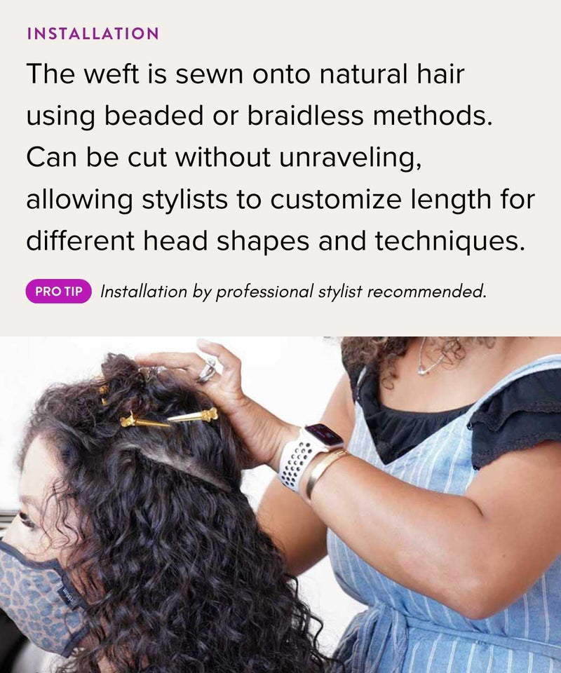 A stylist in an apron and watch sews Perfect Locks Curly Colored Hair Machine Weft onto natural curls, showing expert installation.