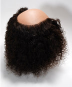 A curly, dark brown lace front wig showcased on a mannequin head against a plain white background.