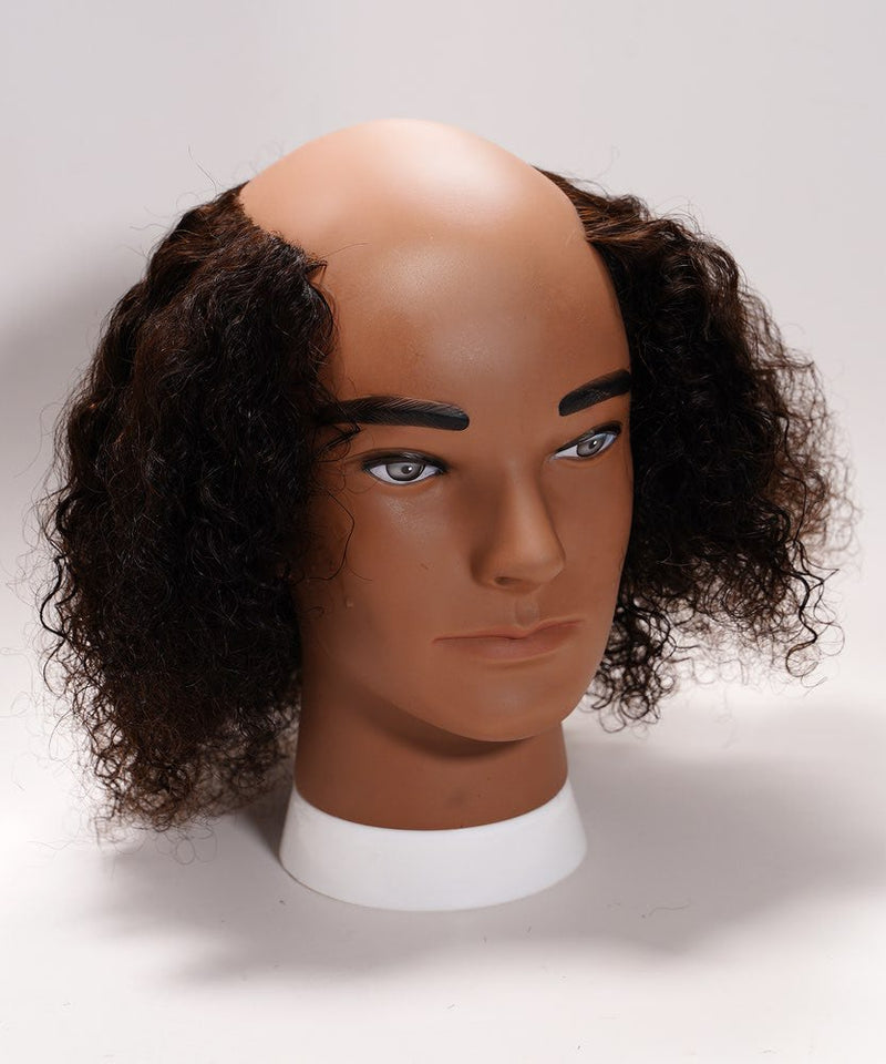 A mannequin head with a curly dark mullet hairstyle—curly on the sides and back, bald on top—set against a plain white background.