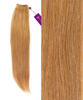 A bundle of Perfect Locks Straight Beaded Weft Rows in honey blonde, shown close-up to highlight the smooth texture, with a small purple tag at the top.#color_honey-blonde-(27)