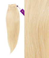 Perfect Locks Straight Beaded Weft Rows in platinum blonde bundled with a purple tag on the left, smooth hair texture close-up right.#color_platinum-blonde-(613)