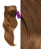On the left is a bundle of Straight Colored Hair Machine Weft by Perfect Locks in golden brown. On the right, a close-up shows the smooth texture and shine of these premium human hair extensions.#color_golden-brown-(6)