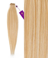 On the left are Perfect Locks Straight Hand-Tied Weft Rows (2oz) in Natural Black, with a close-up on the right of their smooth texture. Extensions are tied at the top with a purple tag.#color_caramel-blonde-highlights-(24/27/613)