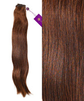 On the left are Perfect Locks Straight Hand-Tied Weft Rows (2oz) in Chocolate Brown, with a close-up of their smooth, shiny Remy texture and subtle color variations on the right.#color_chocolate-brown-(3)
