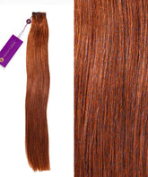 A bundle of Perfect Locks Straight Hand-Tied Weft Rows (2oz) in Golden Brown , purple tag on the left; close-up highlights smooth, sleek texture.#color_dark-auburn-(33)
