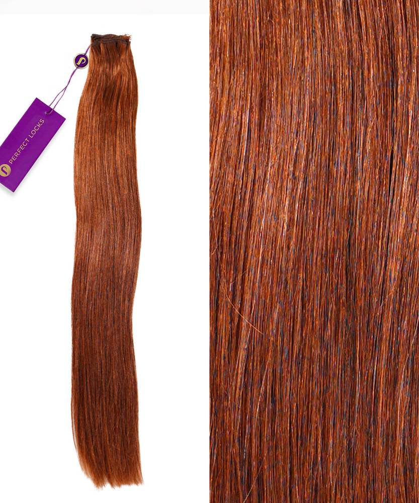 A bundle of Perfect Locks Straight Hand-Tied Weft Rows (2oz) in Golden Brown , purple tag on the left; close-up highlights smooth, sleek texture.#color_dark-auburn-(33)