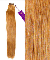 Perfect Locks Straight Hand-Tied Weft Rows (2oz) in Golden Brown shown as a bundle and close-up, highlighting smooth texture and golden color.#color_golden-brown-(6)