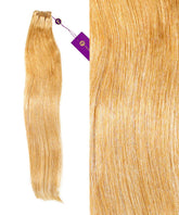 A bundle of Perfect Locks Straight Hand-Tied Weft Rows (2oz) in Honey Blonde with a purple tag - left side shows full length, right side highlights smooth, shiny texture up close.#color_honey-blonde-(27)
