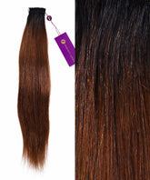 A 2oz bundle of Perfect Locks Straight Hand-Tied Weft Rows in rooted chocolate mocha with ombre brown tones and a purple tag.#color_rooted-chocolate-mocha-(1B/4)