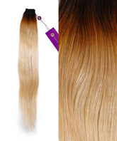 The Perfect Locks Straight Hand-Tied Weft Rows (2oz) in Caramel Blonde Highlights, long Remy hair, full and close-up views.#color_rooted-toasted-blonde-(2/613)