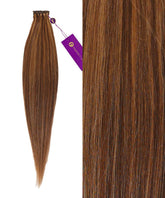 On the left is a bundle of Perfect Locks Straight Hand-Tied Weft Rows with toffee blonde highlights; right, a close-up with a purple tag.#color_toffee-blonde-highlights-(4/27)
