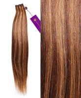A bundle of Perfect Locks Straight Hand-Tied Weft Rows (2oz) in warm mocha lowlights shown close up on the right, with a purple tag attached to the top and smooth texture and color variation highlighted.#color_warm-mocha-lowlights-(2/4/6)