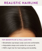 Close-up of Perfect Locks Straight Full Lace Wig in Natural Black  with realistic hairline, virgin Remy hair, and adjustable cap.