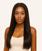 A woman with long, straight black hair in a Perfect Locks Straight Full Lace Wig wears a beige tank top, facing forward calmly.