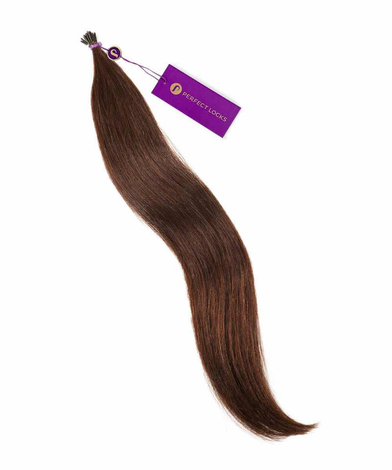 A bundle of Straight Fusion I-Tip Hair by Perfect Locks in natural black  with a purple "Perfect Locks" tag on white.