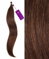 On the left, Perfect Locks Straight Fusion I-Tip Hair in Chocolate Brown with a purple tag; right shows its smooth, rich hue.#color_chocolate-brown-(3)