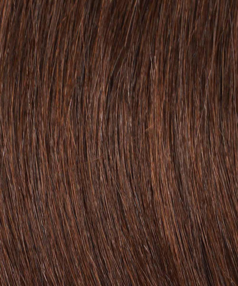 Close-up of straight, shiny Chocolate Brown  hair with natural highlights blending with Straight Fusion I-Tip extensions.