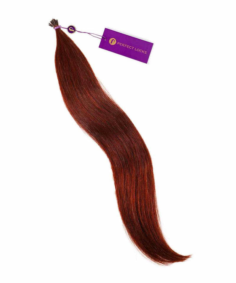 A bundle of straight Chocolate Brown  Perfect Locks Fusion I-Tip Hair extensions with pointed tips and a band, on a white background.