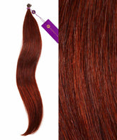 On the left, Perfect Locks Straight Fusion I-Tip Hair in Dark Auburn bundled with a purple tag; on the right, a close-up shows its smooth texture and rich color.#color_dark-auburn-(33)