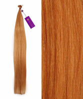 A bundle of Perfect Locks Straight Fusion I-Tip Hair in Dark Auburn with a purple tag next to a close-up view, highlighting the smooth texture and rich color of these human hair extensions.#color_golden-brown-(6)