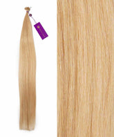 A straight bundle of Perfect Locks Straight Fusion I-Tip Hair in Honey Blonde with a purple tag beside a close-up of the smooth, light Honey Blonde texture.#color_honey-blonde-(27)
