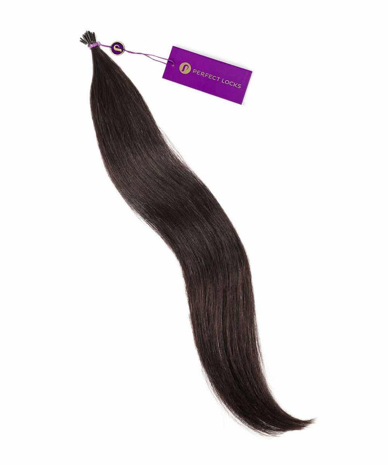 A bundle of straight, honey blonde Perfect Locks Straight Fusion I-Tip Hair with a purple tag. The hair is smooth, shiny, slightly curved.